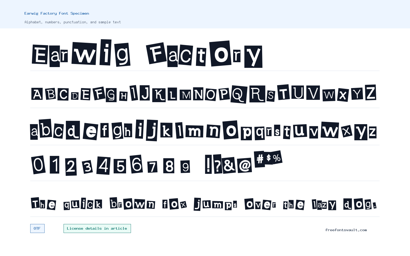 Earwig Factory font specimen showing alphabet, numbers, and sample text