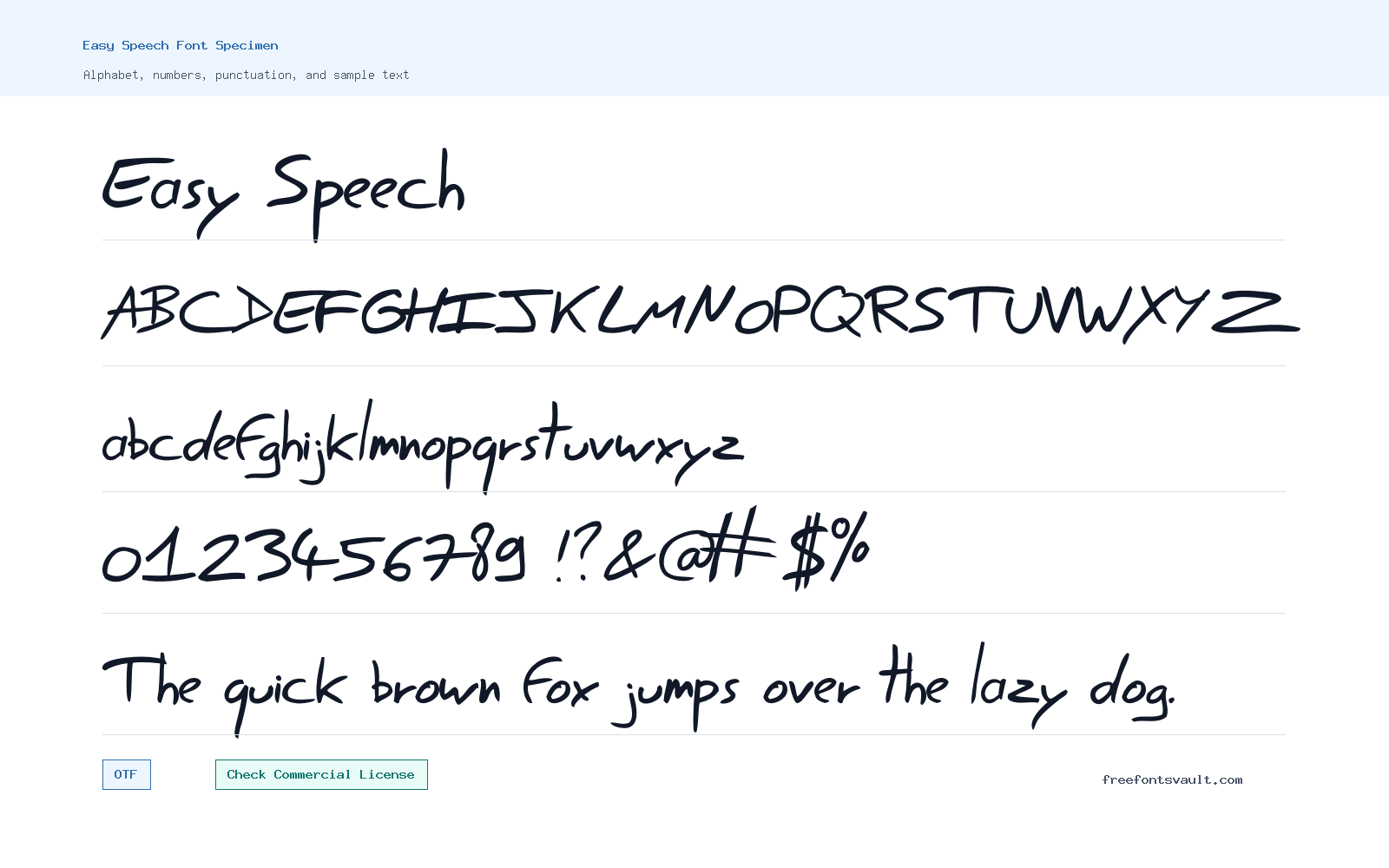 Easy Speech font specimen showing alphabet, numbers, and sample text