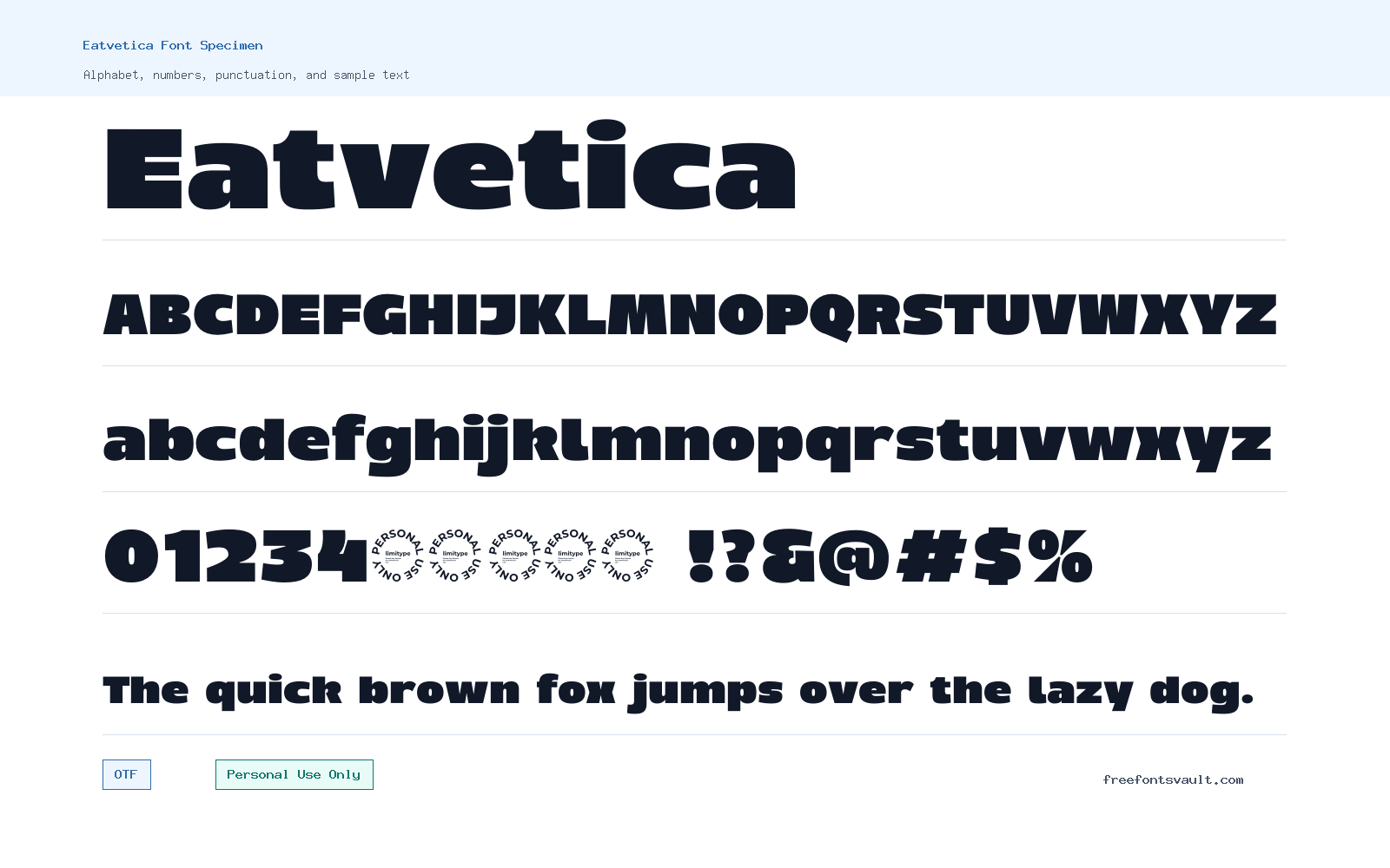 Eatvetica font specimen showing alphabet, numbers, and sample text