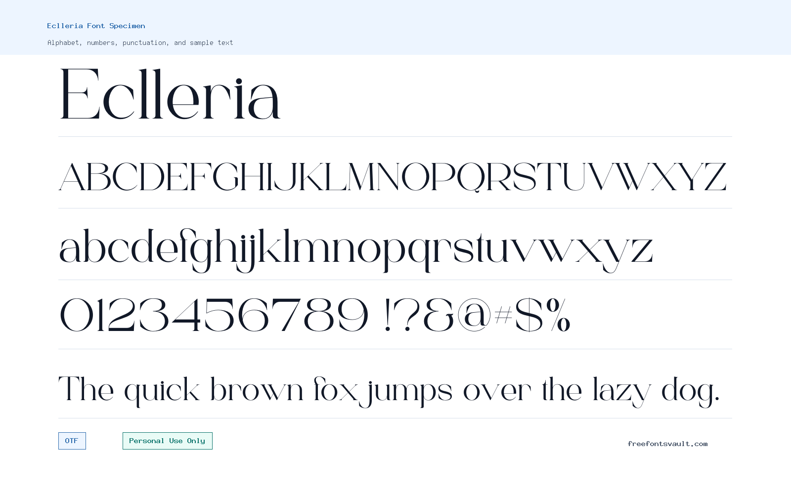 Eclleria font specimen showing alphabet, numbers, and sample text