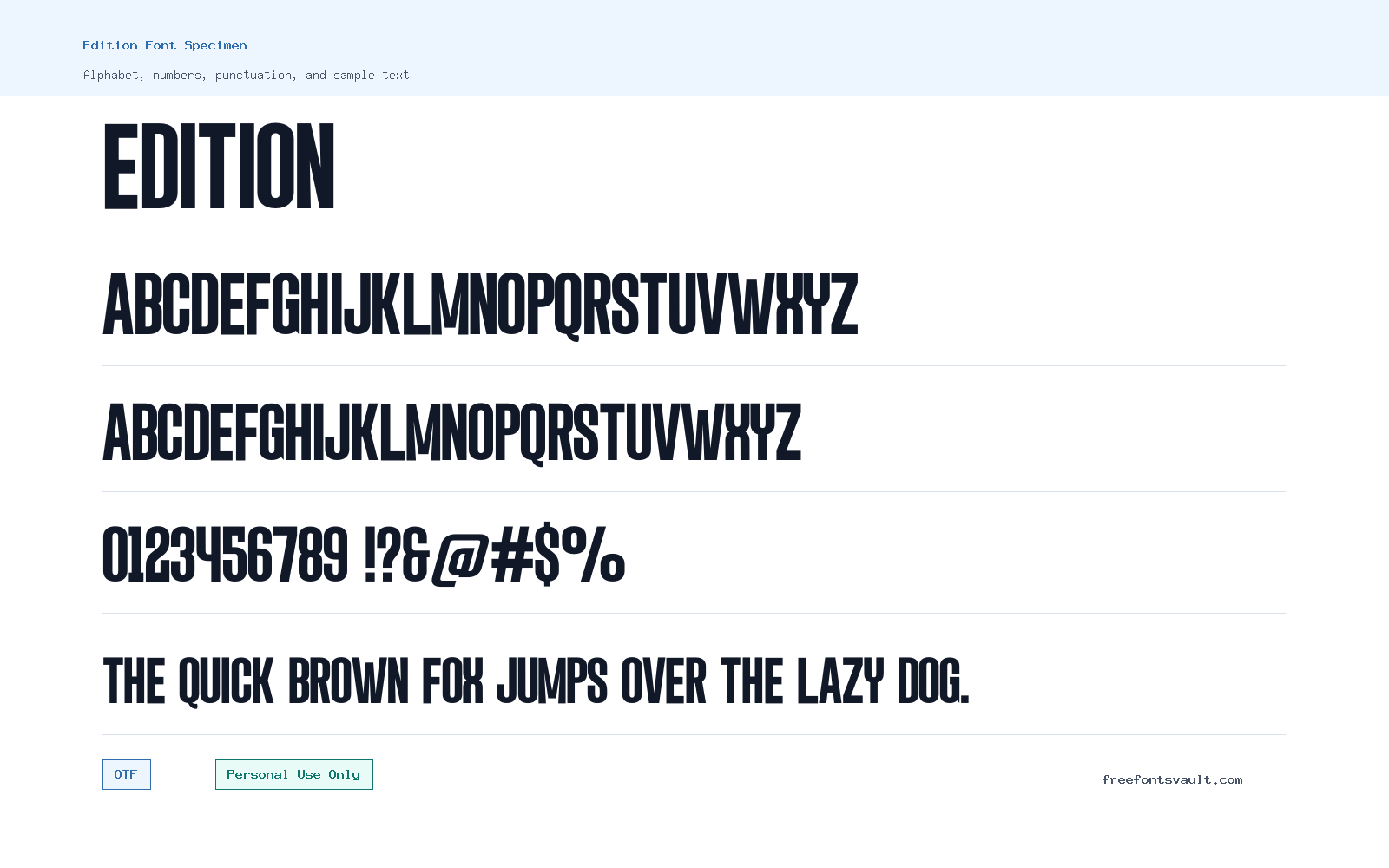 Edition font specimen showing alphabet, numbers, and sample text