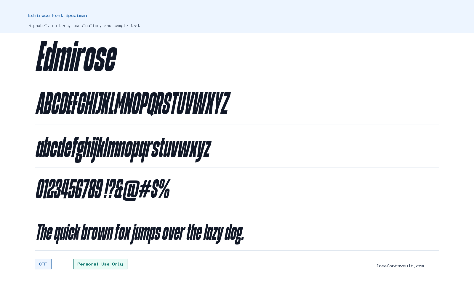 Edmirose font specimen showing alphabet, numbers, and sample text
