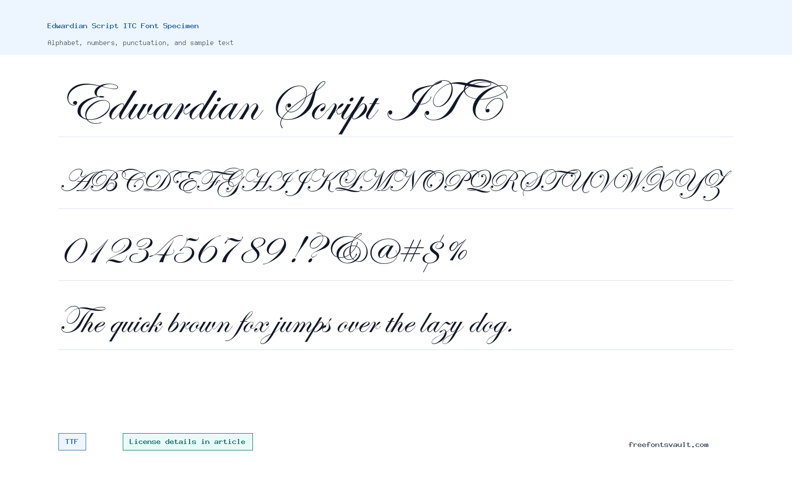 Edwardian Script ITC font specimen showing alphabet, numbers, and sample text
