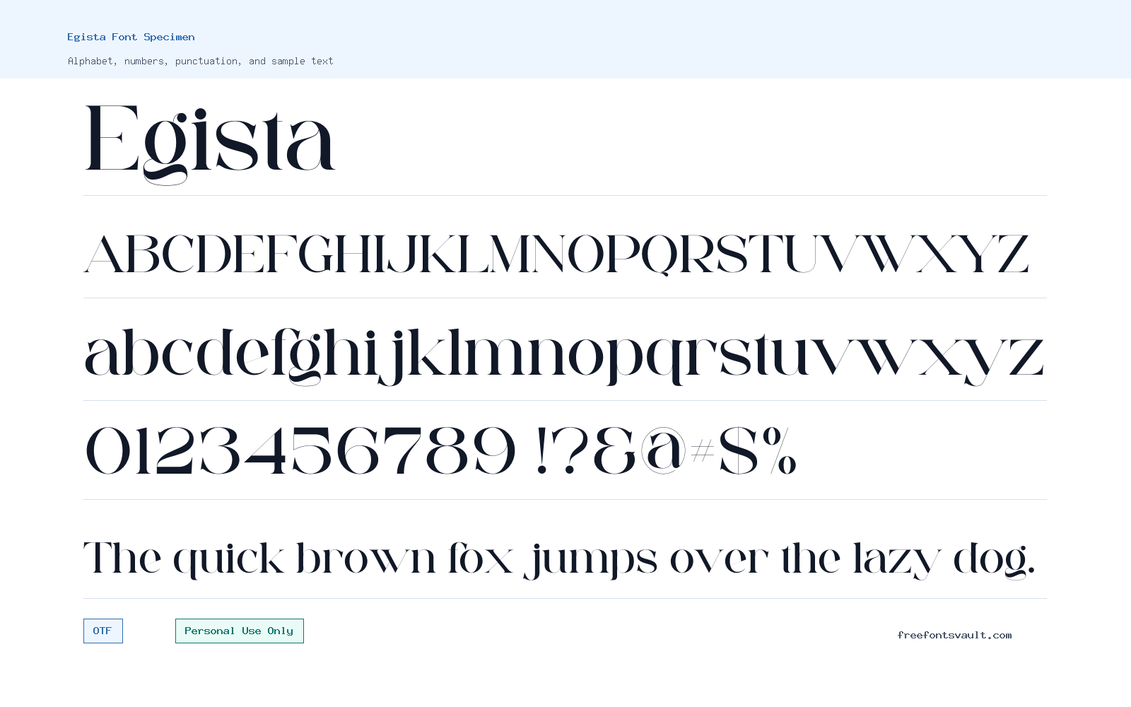 Egista font specimen showing alphabet, numbers, and sample text