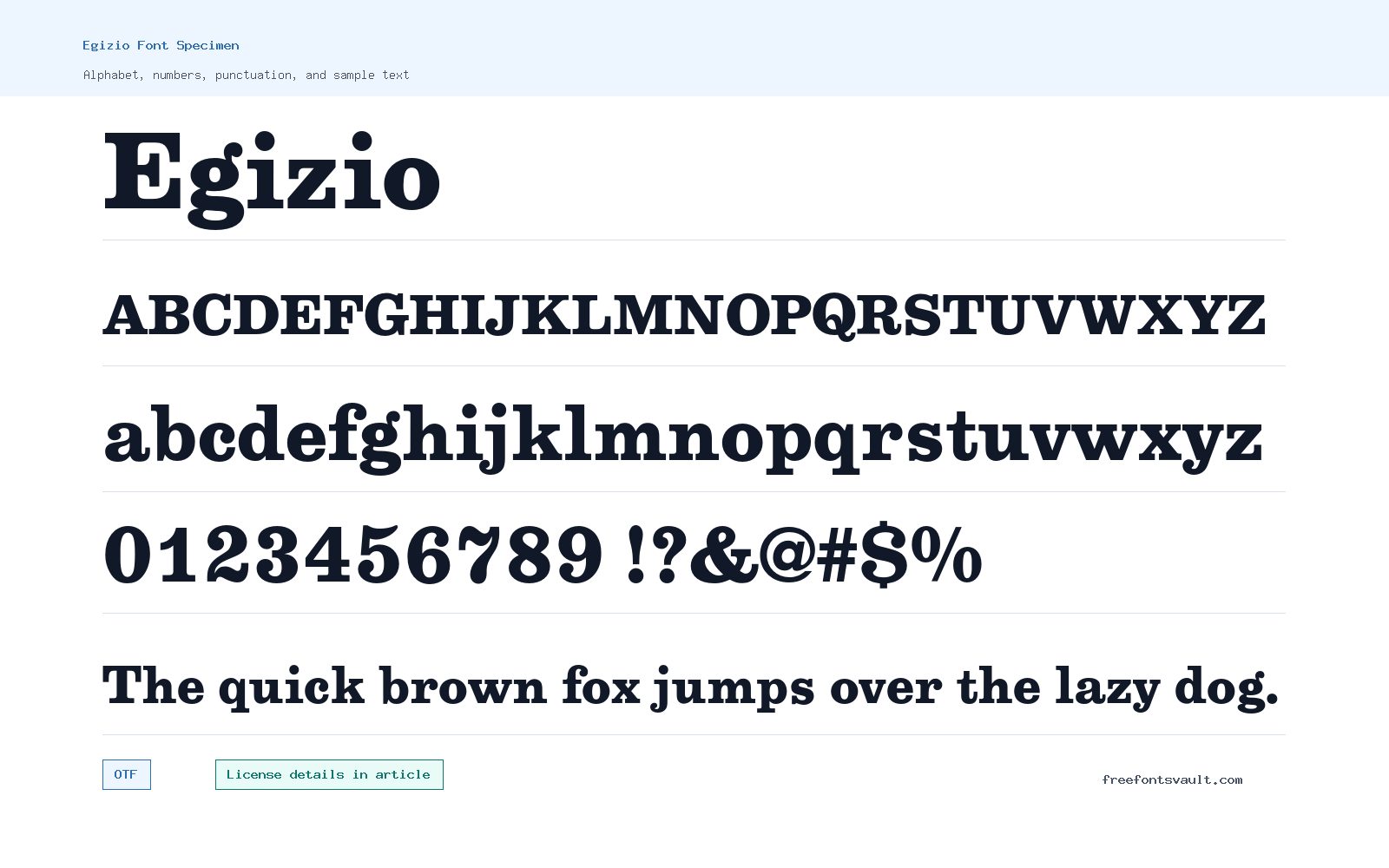 Egizio font specimen showing alphabet, numbers, and sample text