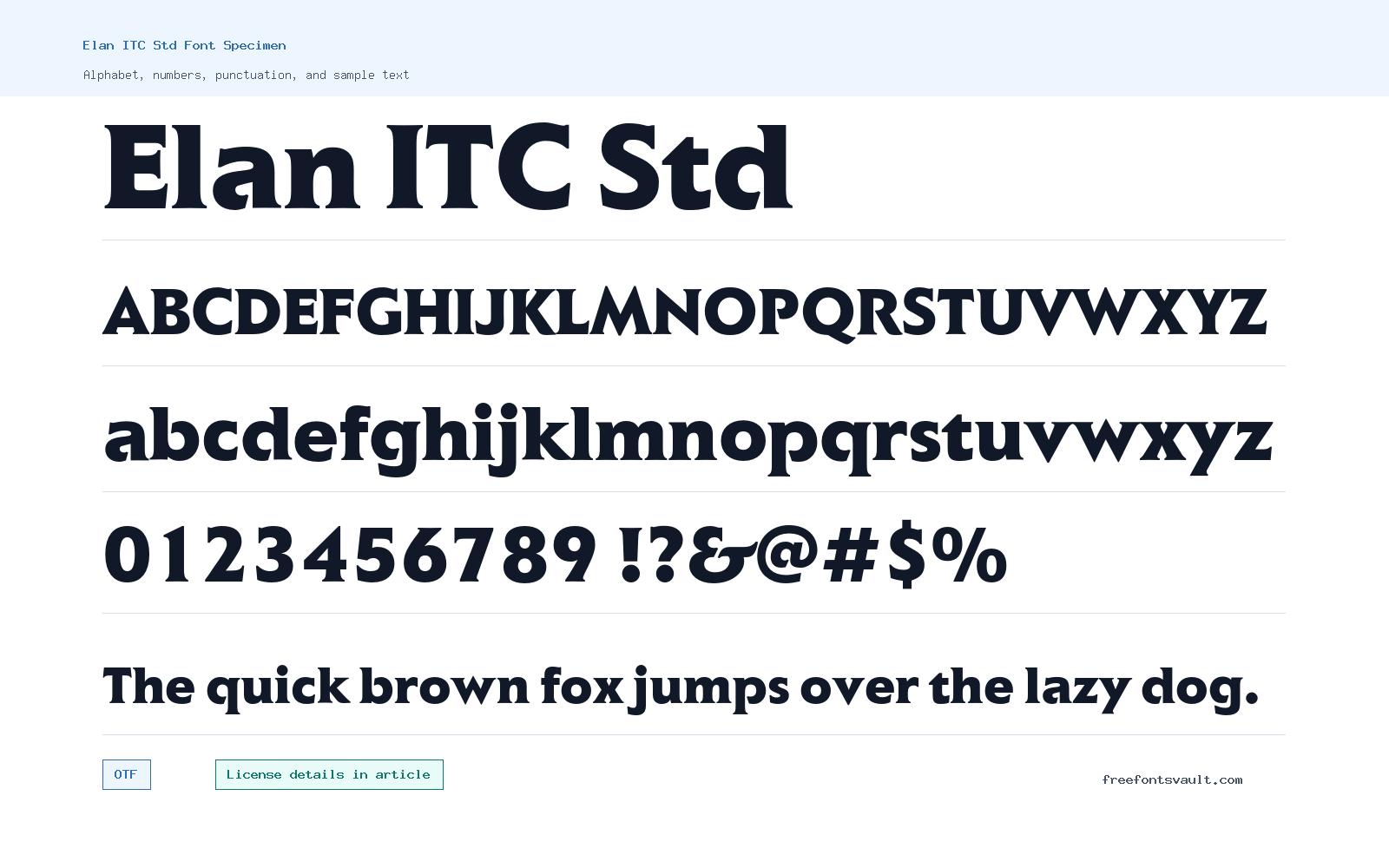 Elan ITC Std font specimen showing alphabet, numbers, and sample text