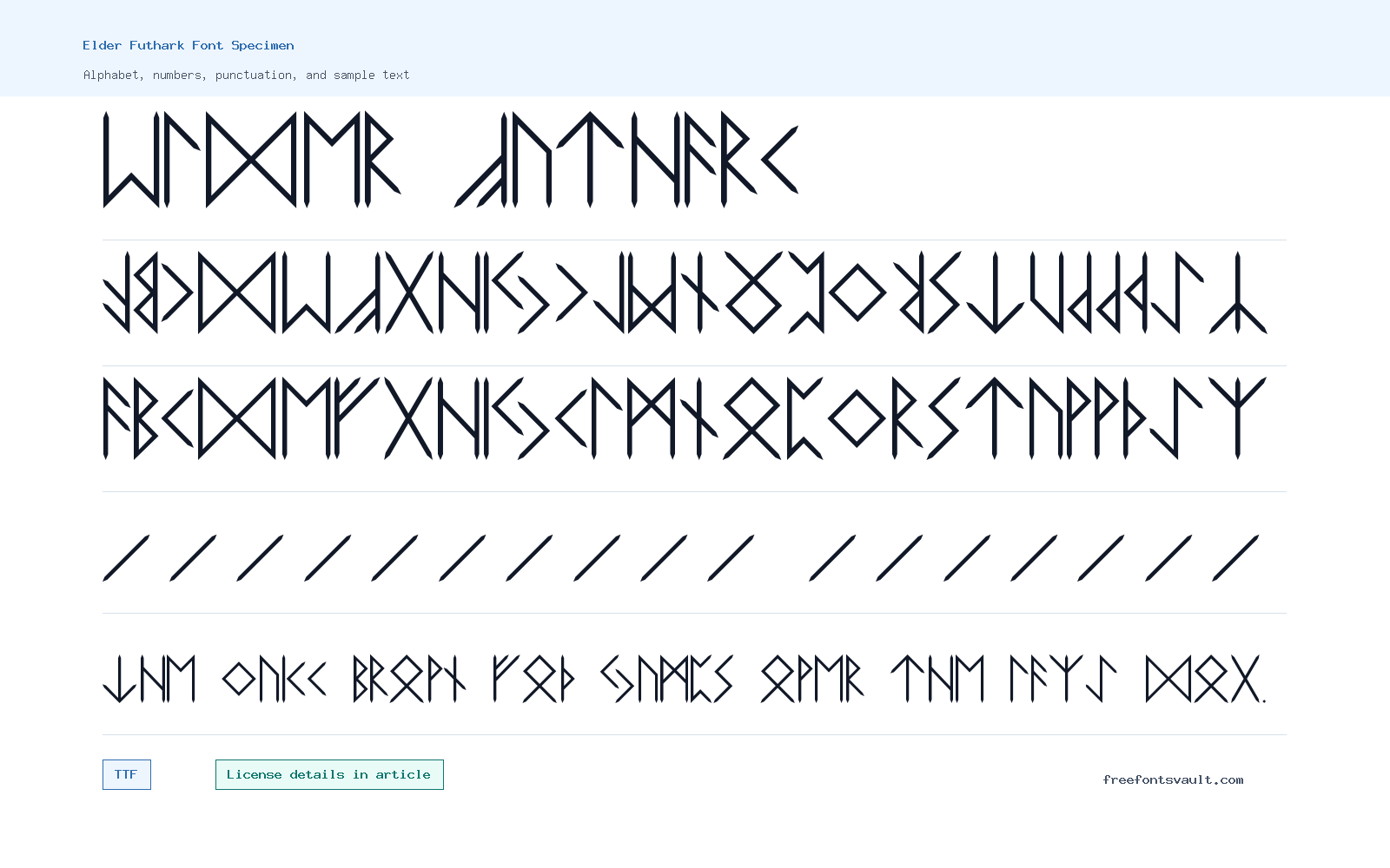 Elder Futhark font specimen showing alphabet, numbers, and sample text