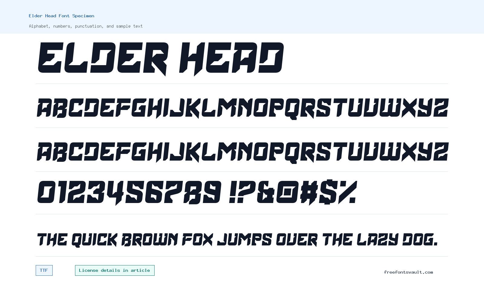 Elder Head font specimen showing alphabet, numbers, and sample text