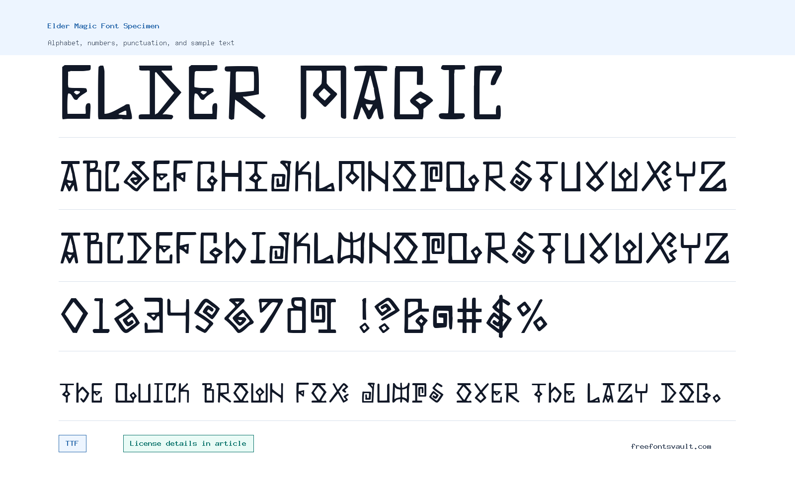 Elder Magic font specimen showing alphabet, numbers, and sample text