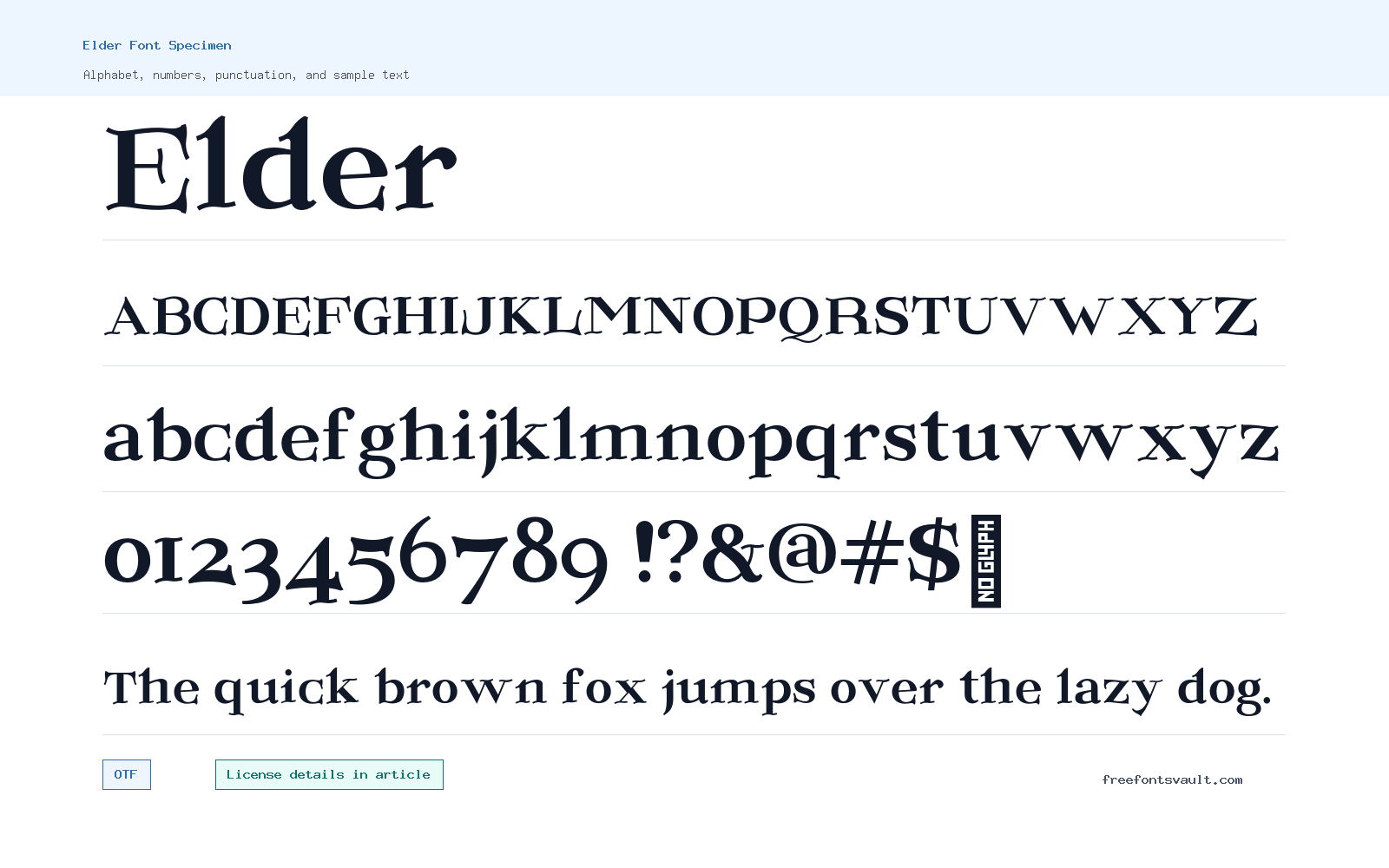 Elder font specimen showing alphabet, numbers, and sample text