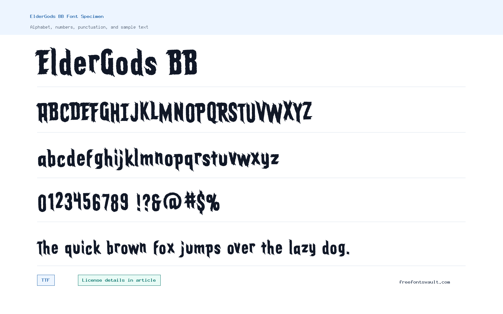 ElderGods BB font specimen showing alphabet, numbers, and sample text