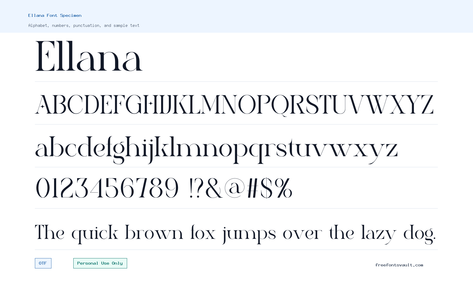 Ellana font specimen showing alphabet, numbers, and sample text