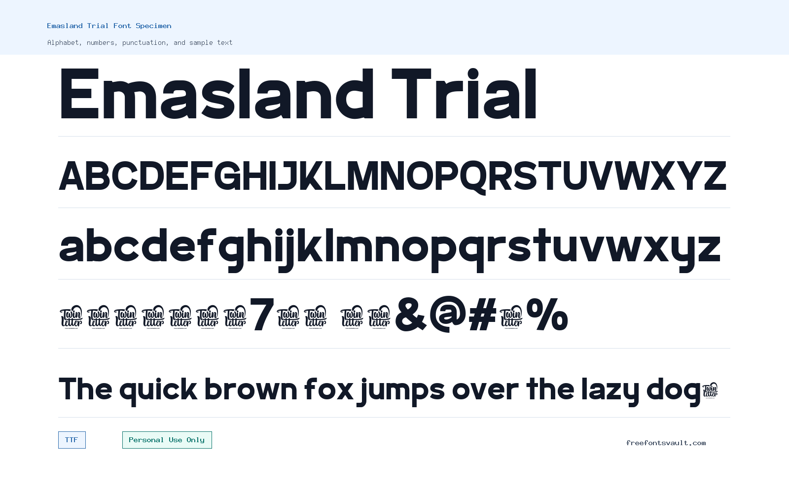 Emasland Trial font specimen showing alphabet, numbers, and sample text