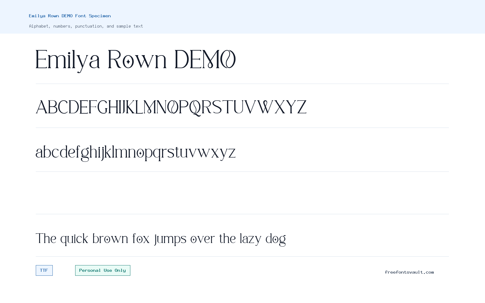 Emilya Rown DEMO font specimen showing alphabet, numbers, and sample text