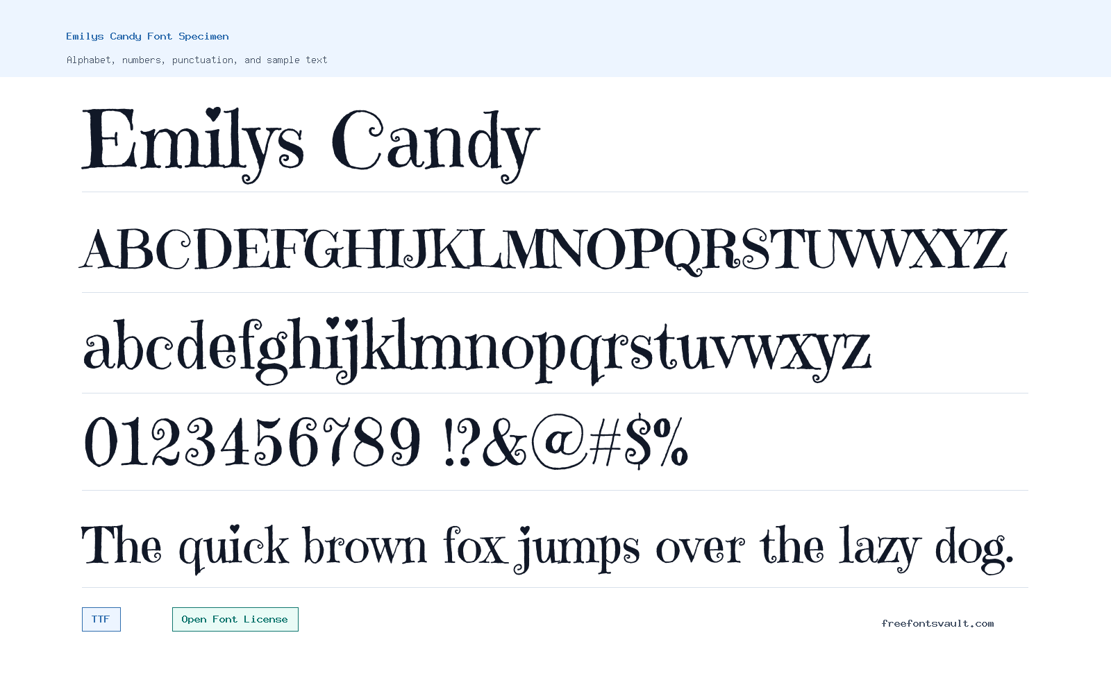 Emilys Candy font specimen showing alphabet, numbers, and sample text