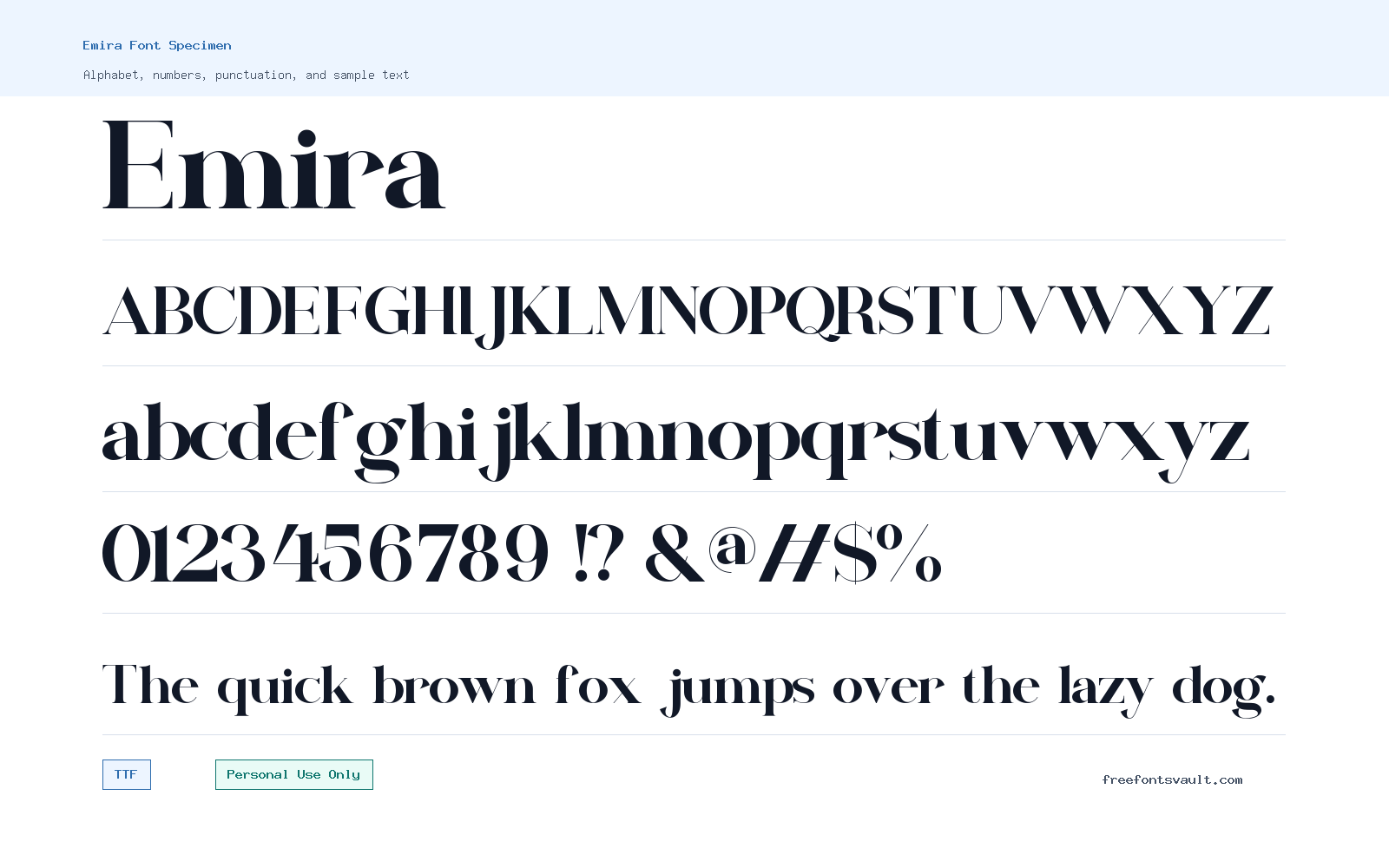 Emira font specimen showing alphabet, numbers, and sample text