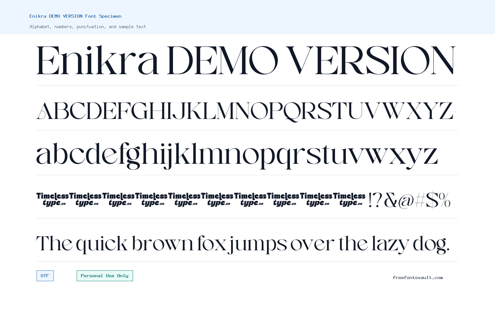 Enikra DEMO VERSION font specimen showing alphabet, numbers, and sample text
