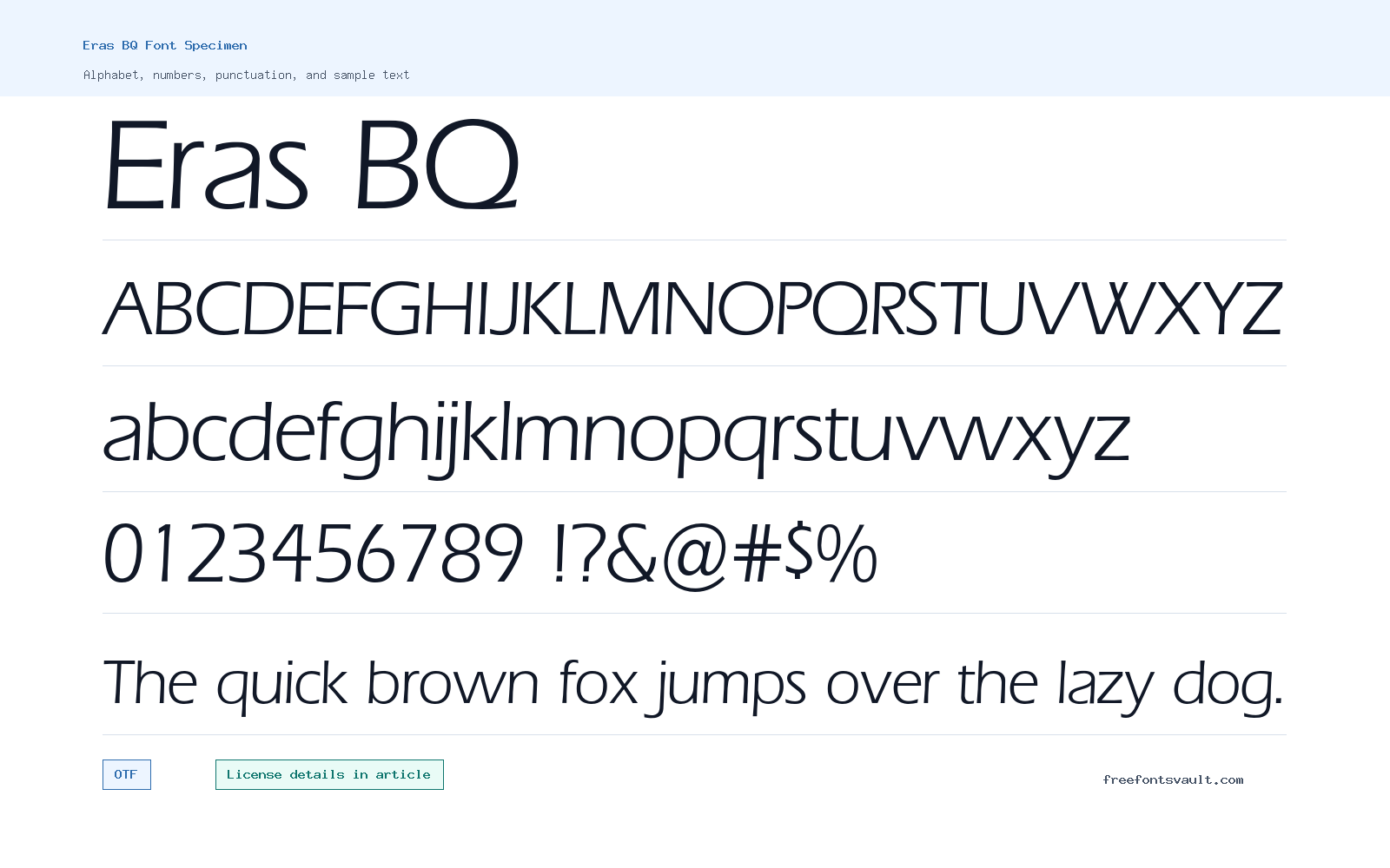 Eras BQ font specimen showing alphabet, numbers, and sample text
