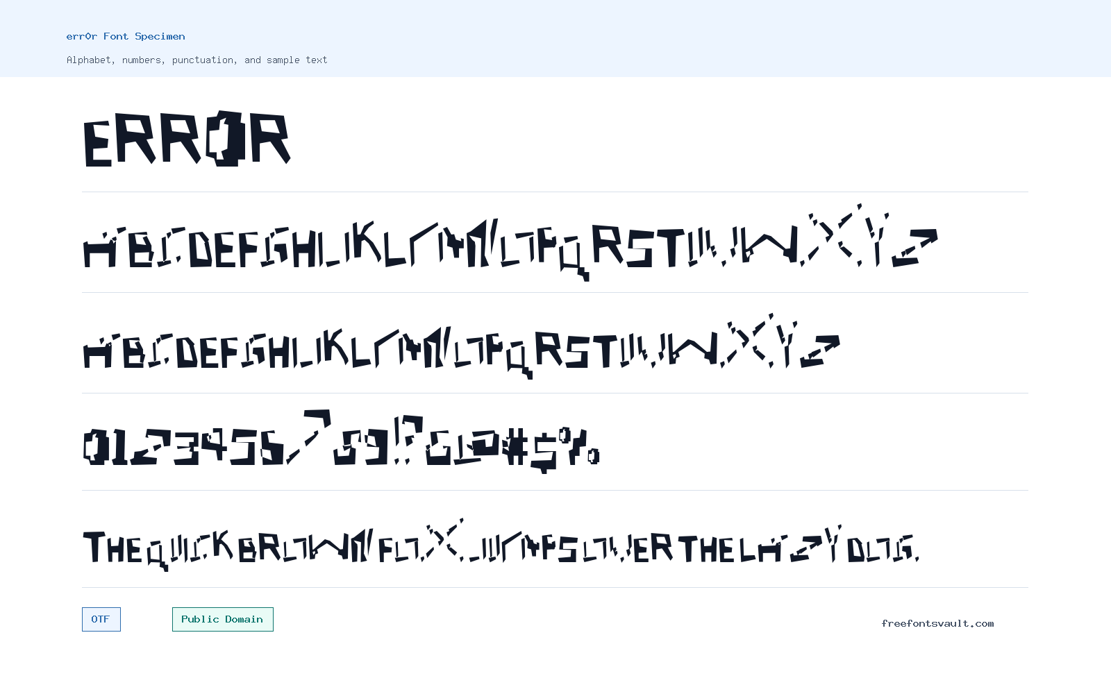 err0r font specimen showing alphabet, numbers, and sample text