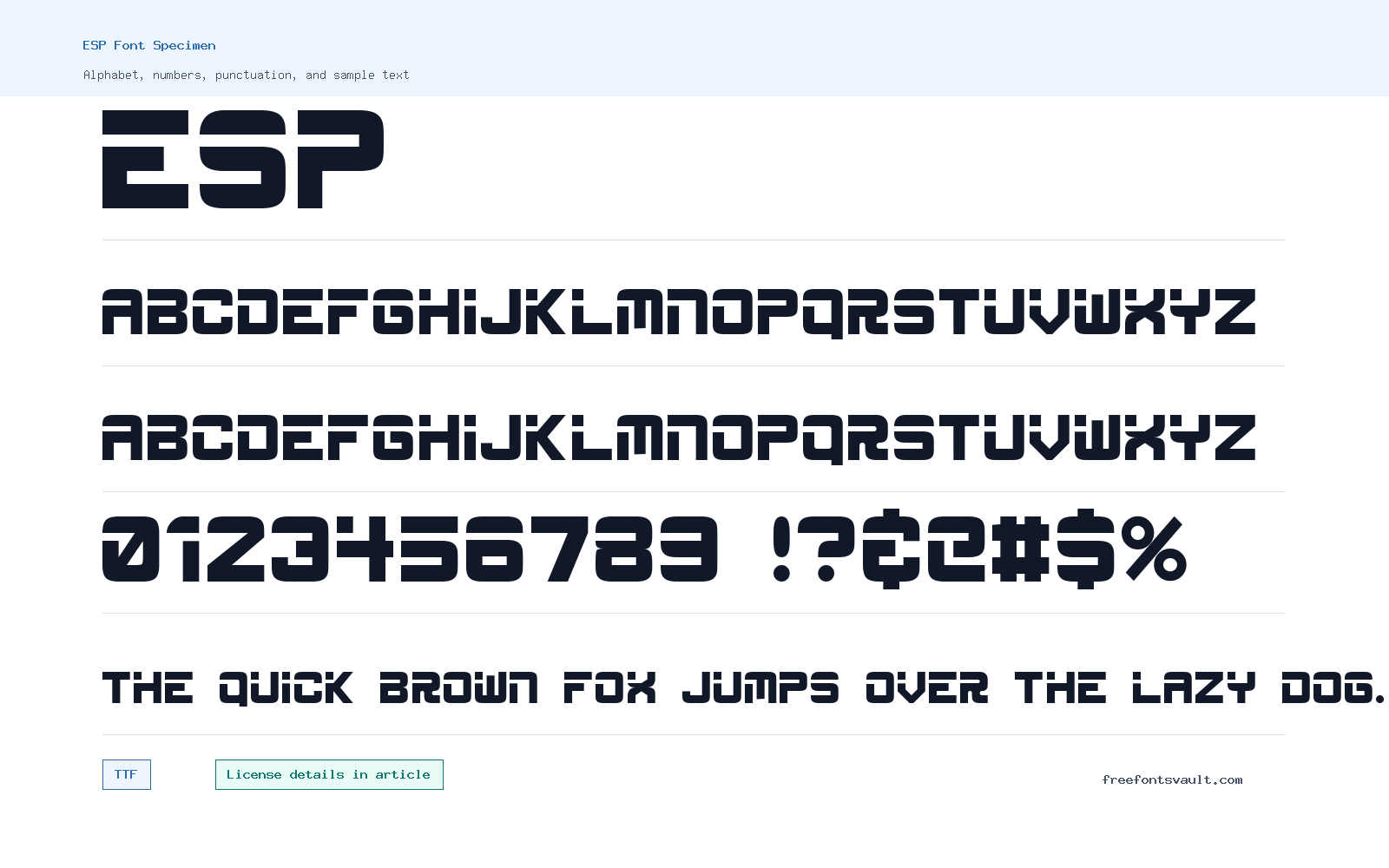 ESP font specimen showing alphabet, numbers, and sample text