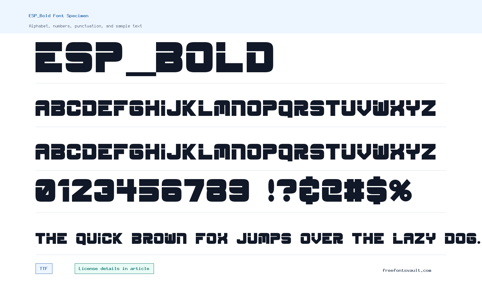 ESP_Bold font specimen showing alphabet, numbers, and sample text