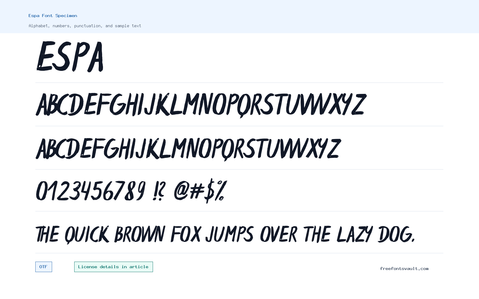 Espa font specimen showing alphabet, numbers, and sample text