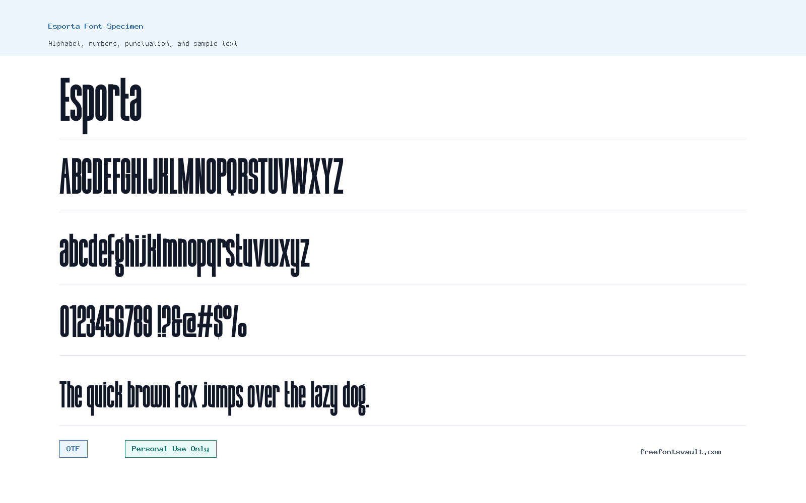 Esporta font specimen showing alphabet, numbers, and sample text
