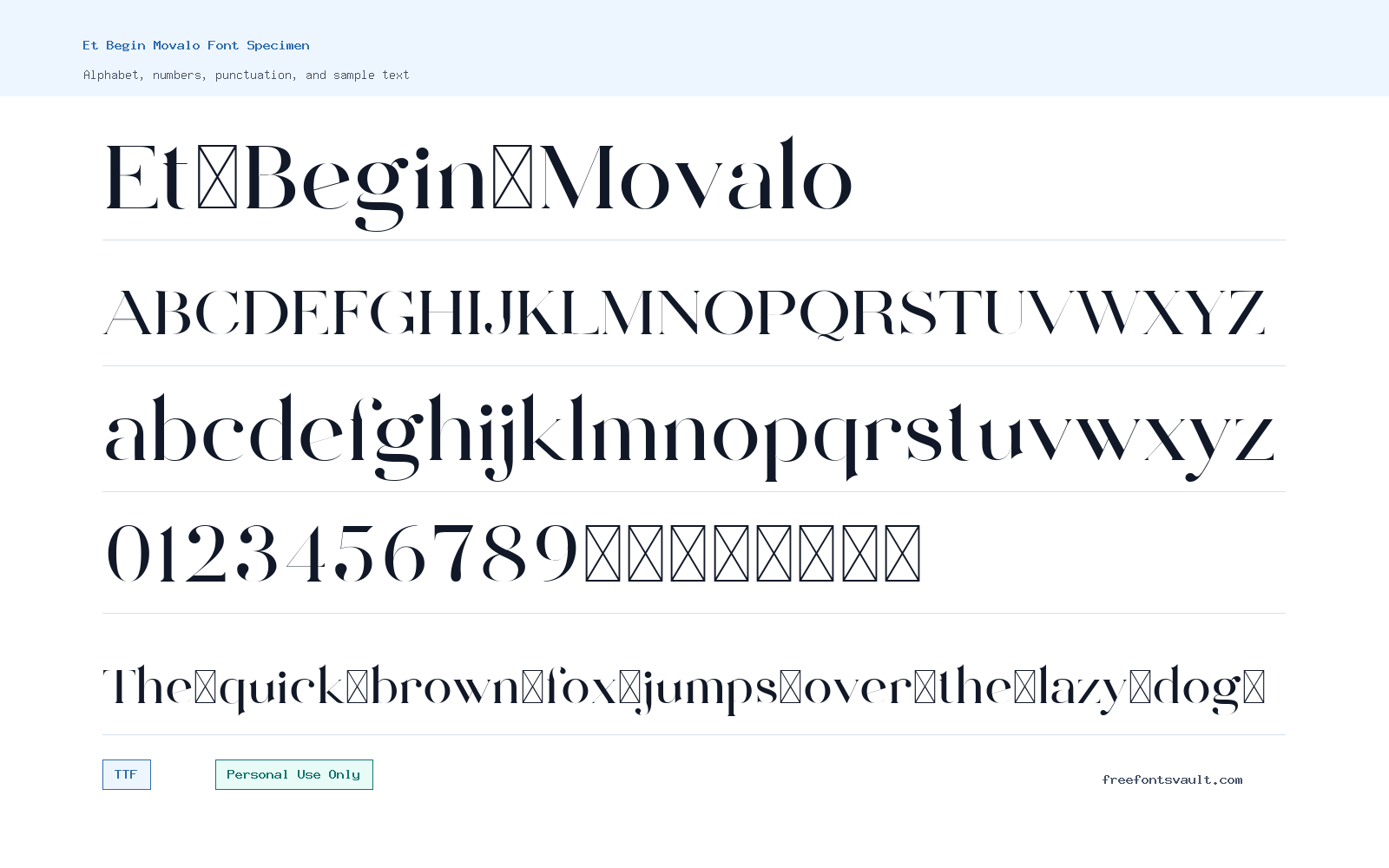 Et Begin Movalo font specimen showing alphabet, numbers, and sample text