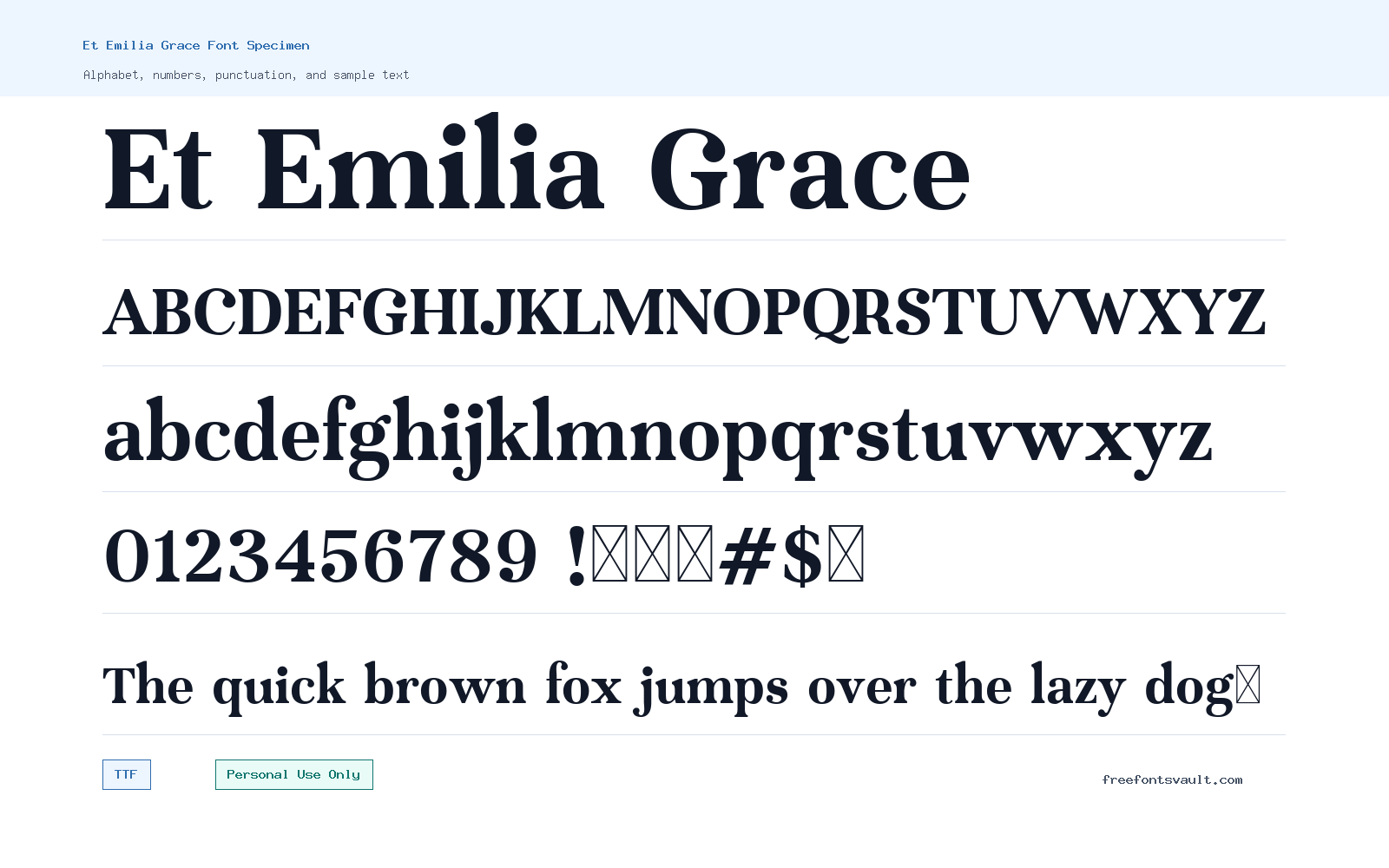 Et Emilia Grace font specimen showing alphabet, numbers, and sample text