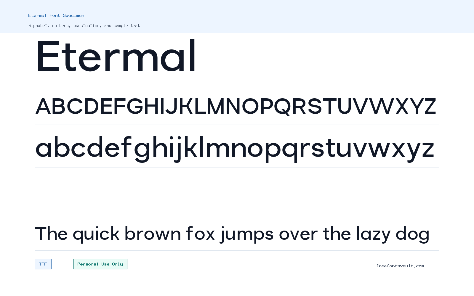 Etermal font specimen showing alphabet, numbers, and sample text