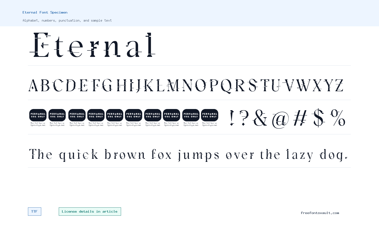 Eternal font specimen showing alphabet, numbers, and sample text