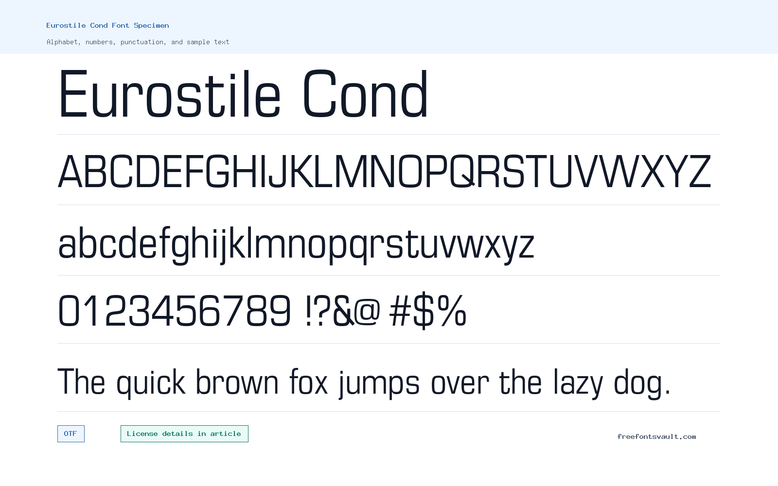 Eurostile Cond font specimen showing alphabet, numbers, and sample text