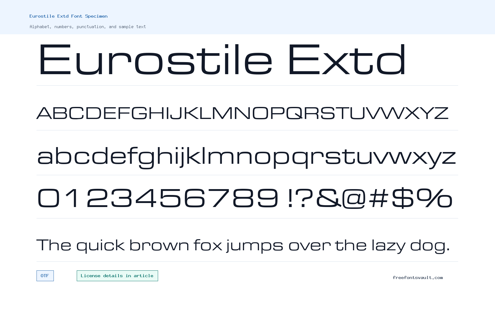 Eurostile Extd font specimen showing alphabet, numbers, and sample text