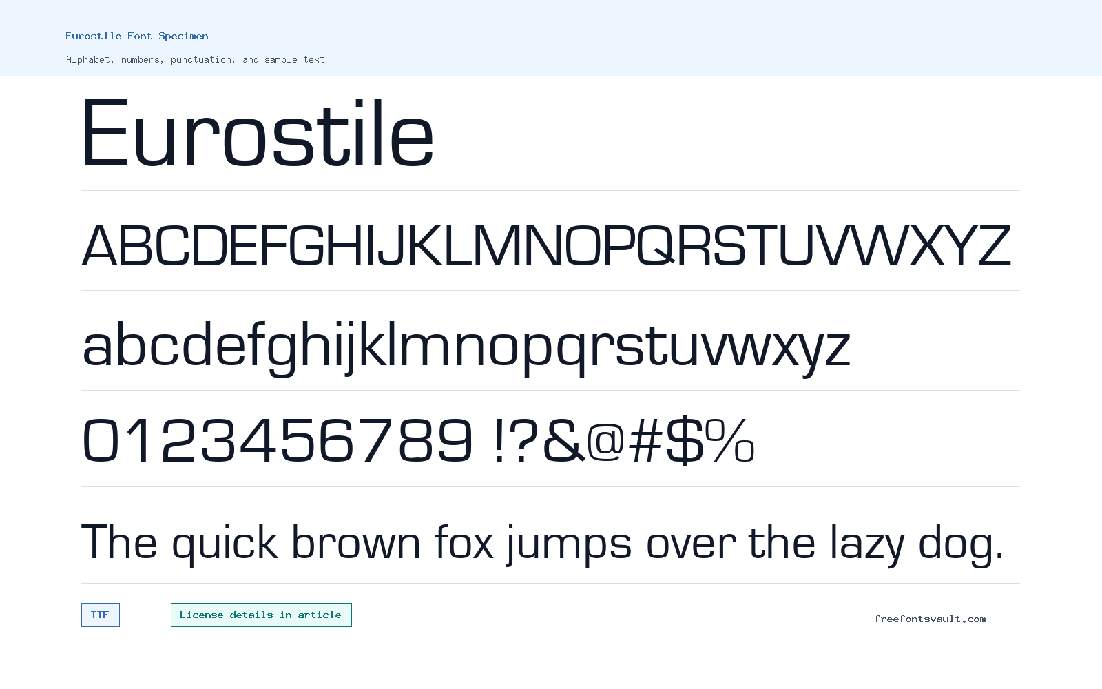 Eurostile font specimen showing alphabet, numbers, and sample text