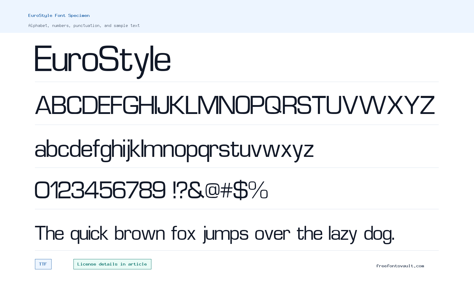 EuroStyle font specimen showing alphabet, numbers, and sample text