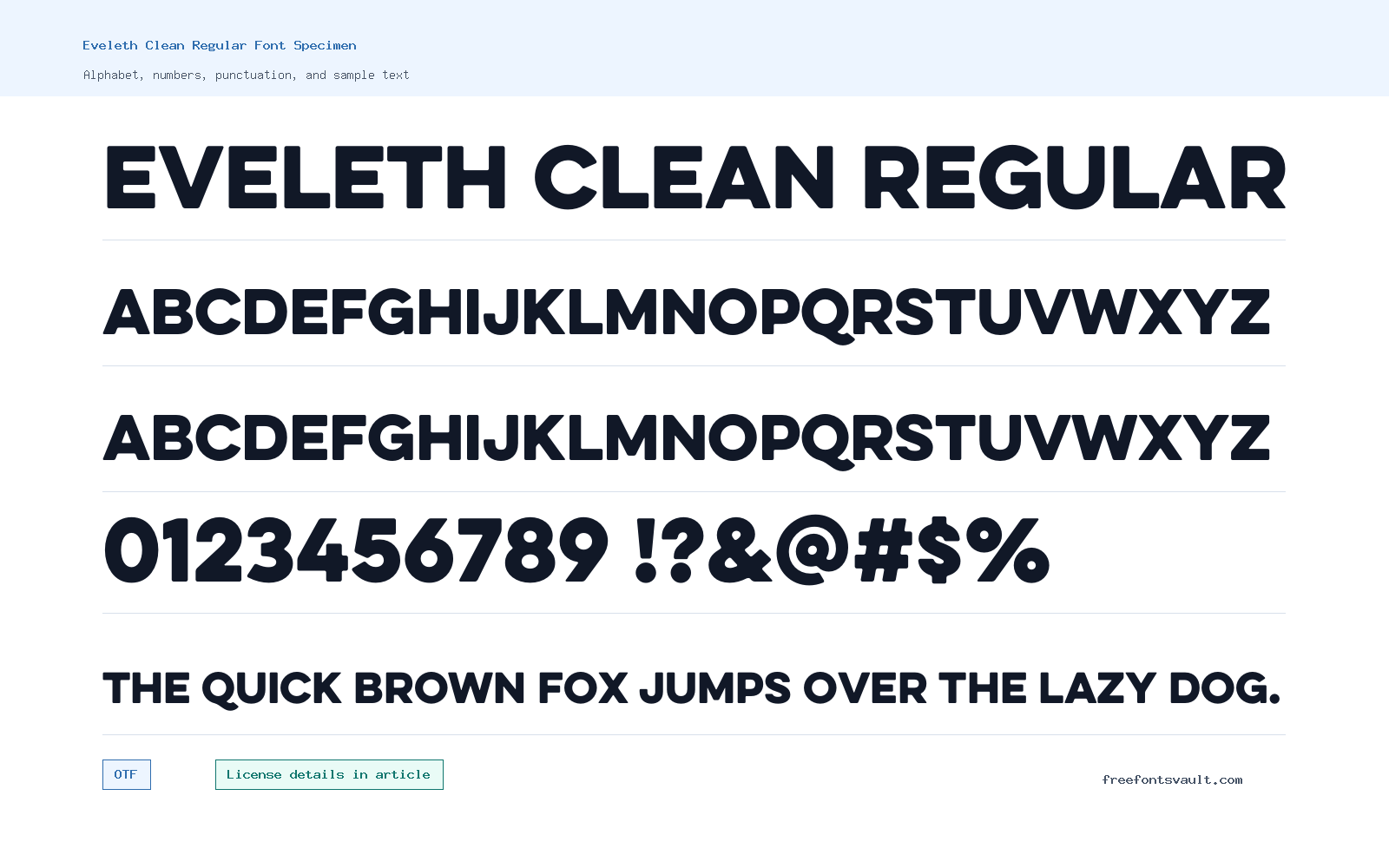 Eveleth Clean Regular font specimen showing alphabet, numbers, and sample text