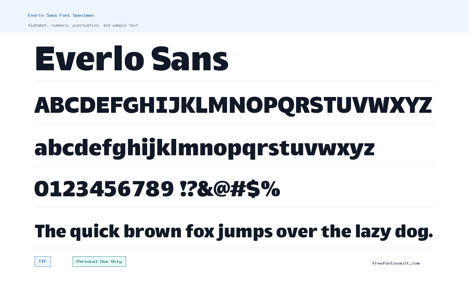 Everlo Sans font specimen showing alphabet, numbers, and sample text