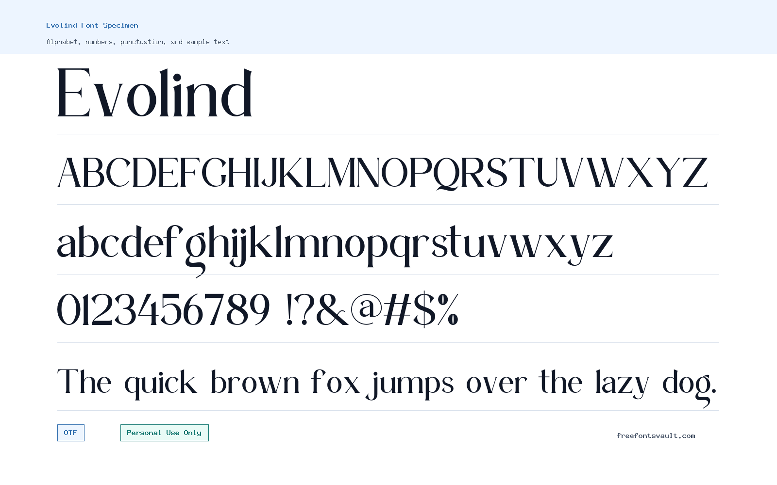 Evolind font specimen showing alphabet, numbers, and sample text