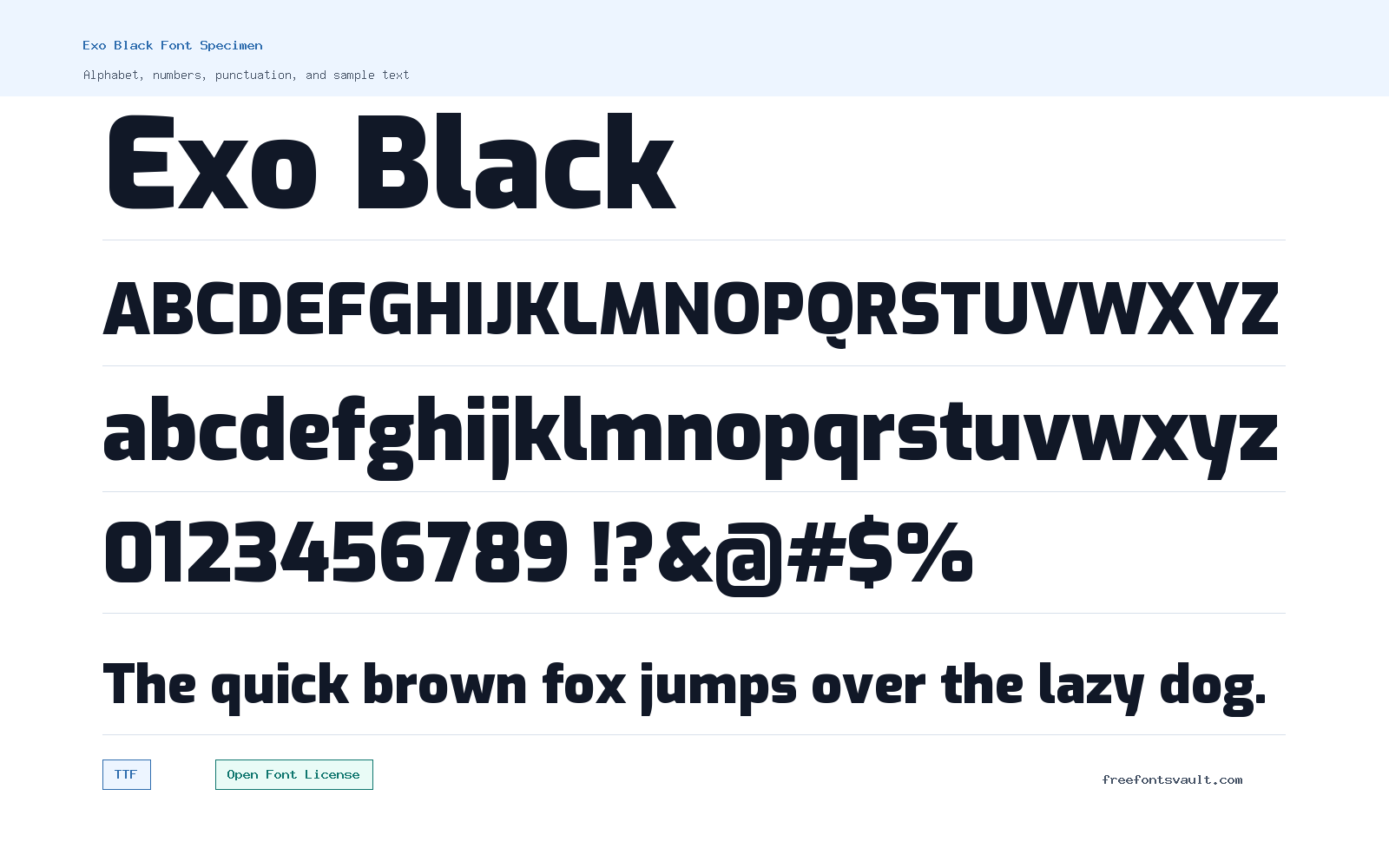Exo Black font specimen showing alphabet, numbers, and sample text