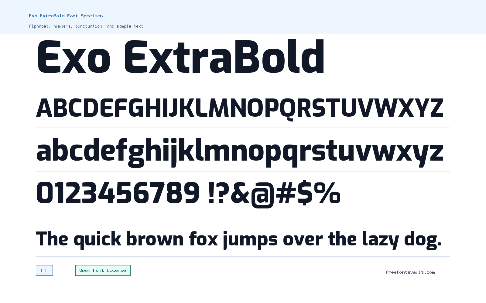 Exo ExtraBold font specimen showing alphabet, numbers, and sample text