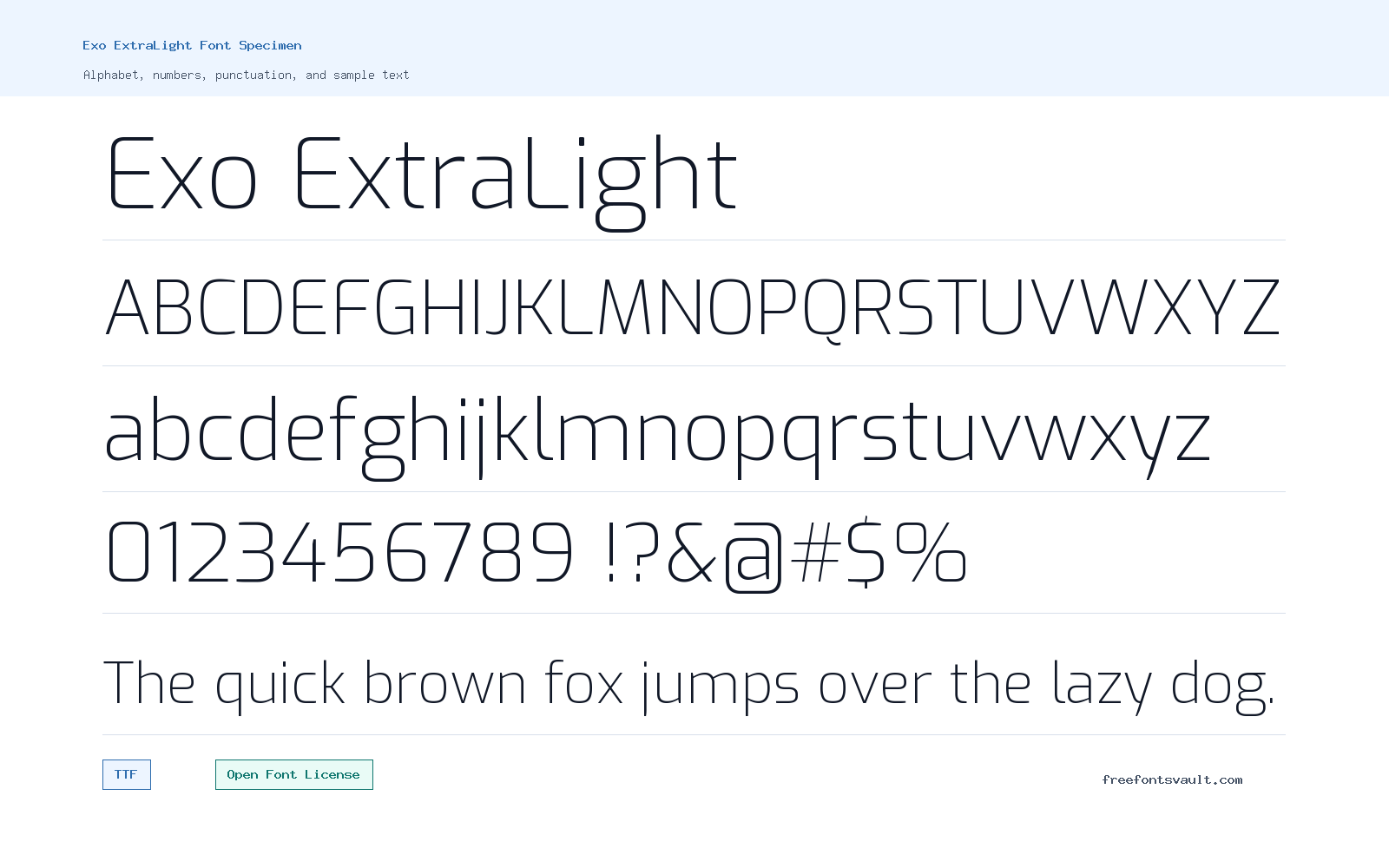 Exo ExtraLight font specimen showing alphabet, numbers, and sample text