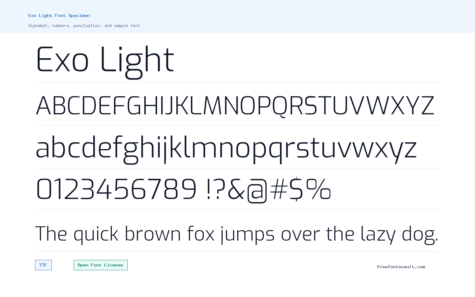 Exo Light font specimen showing alphabet, numbers, and sample text