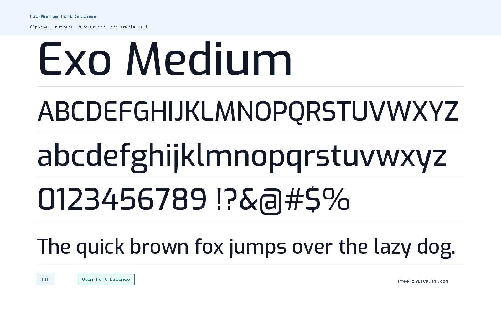 Exo Medium font specimen showing alphabet, numbers, and sample text