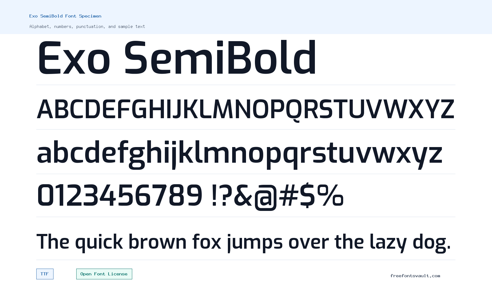 Exo SemiBold font specimen showing alphabet, numbers, and sample text