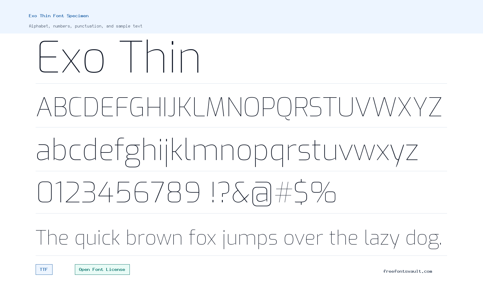 Exo Thin font specimen showing alphabet, numbers, and sample text