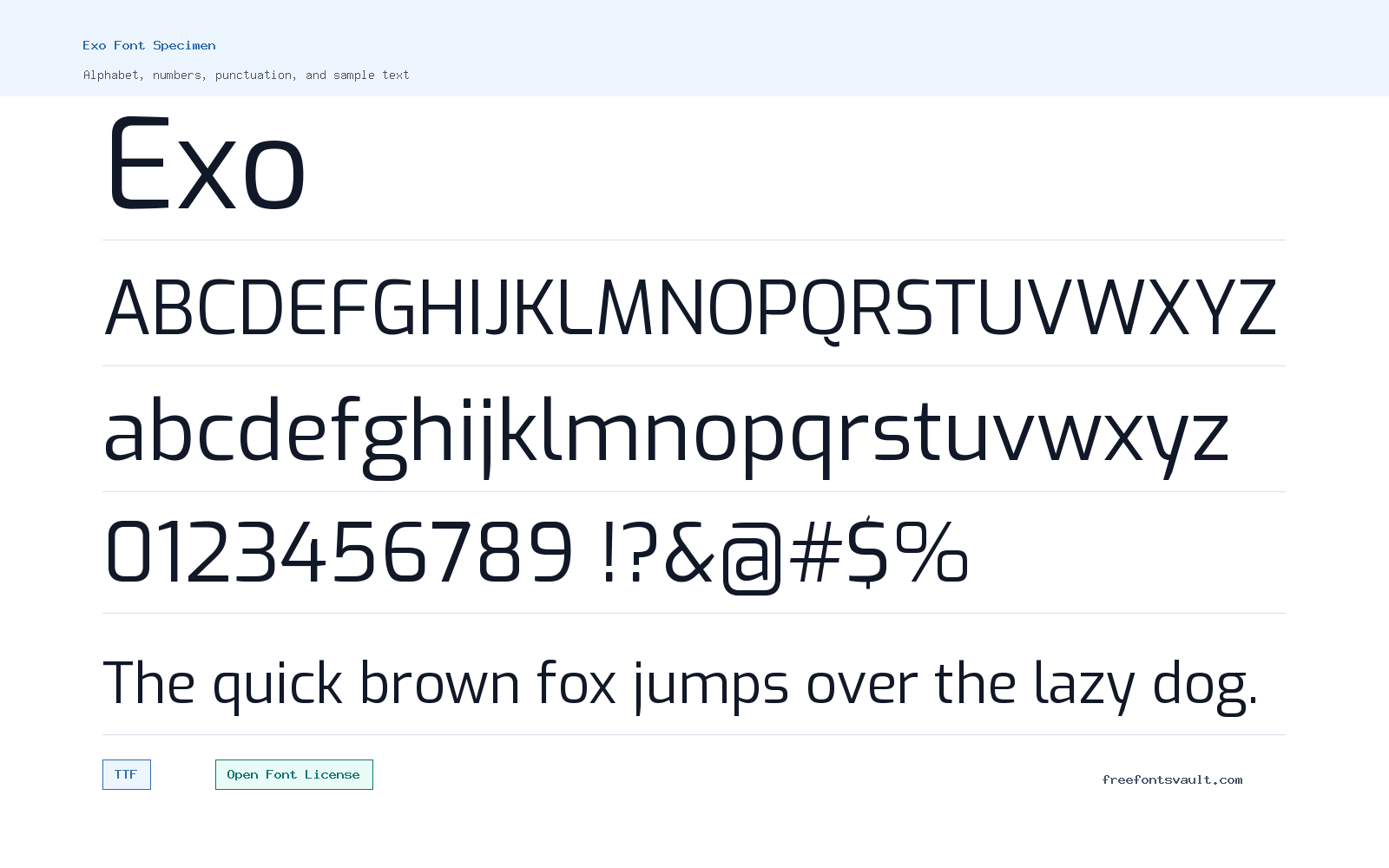 Exo font specimen showing alphabet, numbers, and sample text