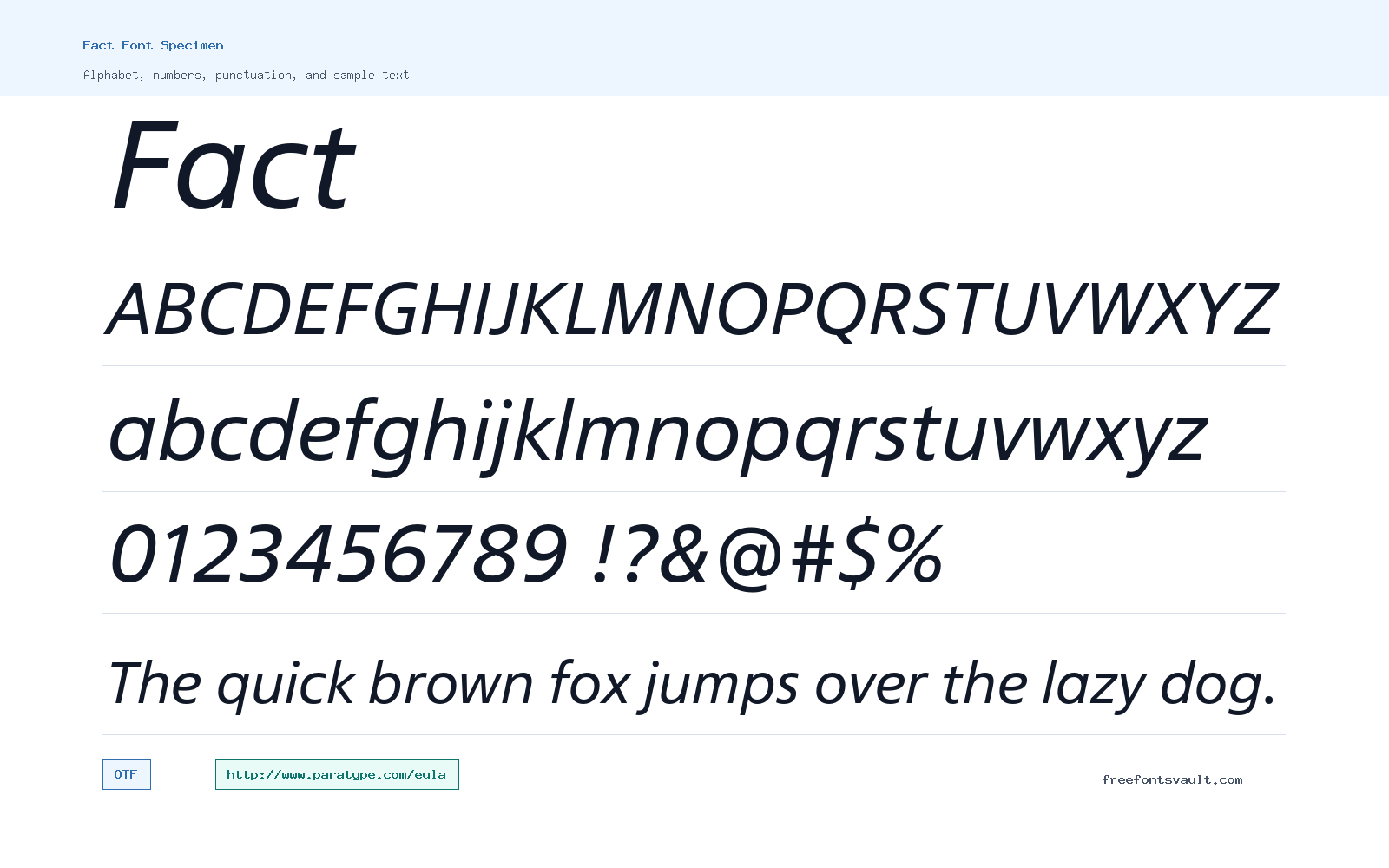 Fact font specimen showing alphabet, numbers, and sample text