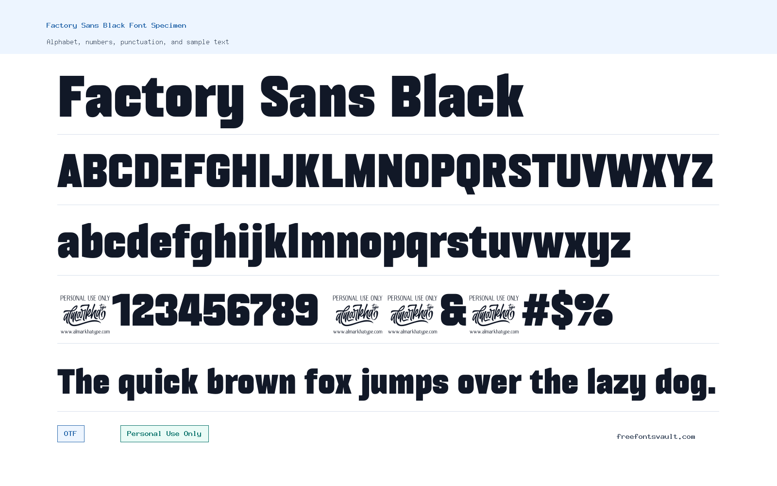 Factory Sans Black font specimen showing alphabet, numbers, and sample text