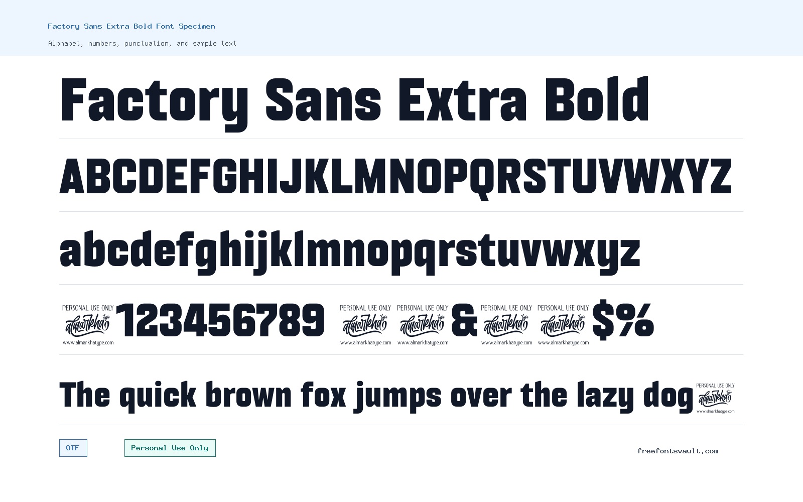 Factory Sans Extra Bold font specimen showing alphabet, numbers, and sample text
