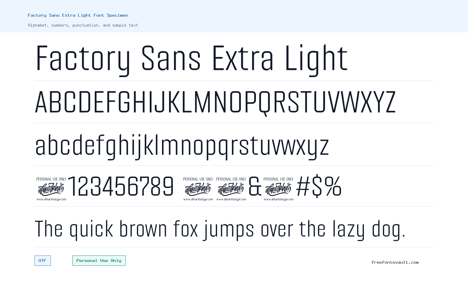 Factory Sans Extra Light font specimen showing alphabet, numbers, and sample text